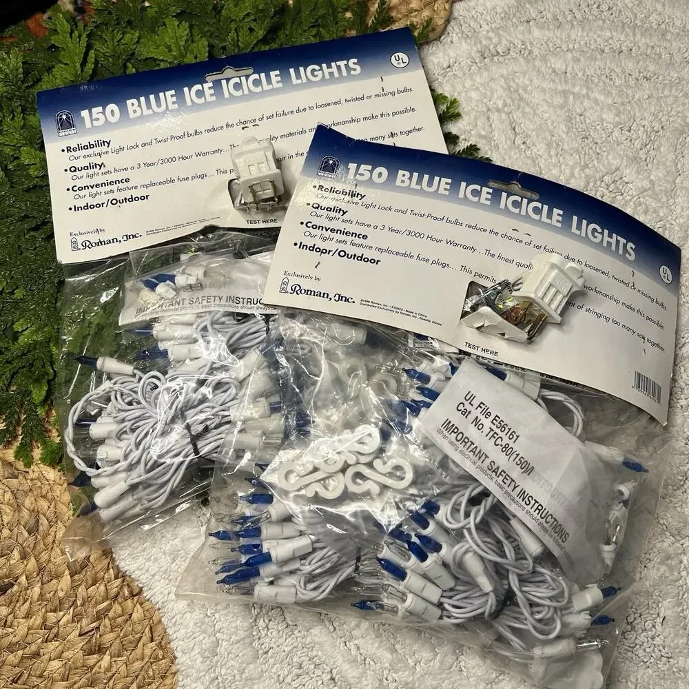 Vintage 1998 Roman 300 Blue Ice Icicle String Lights White Cord Indoor Outdoor